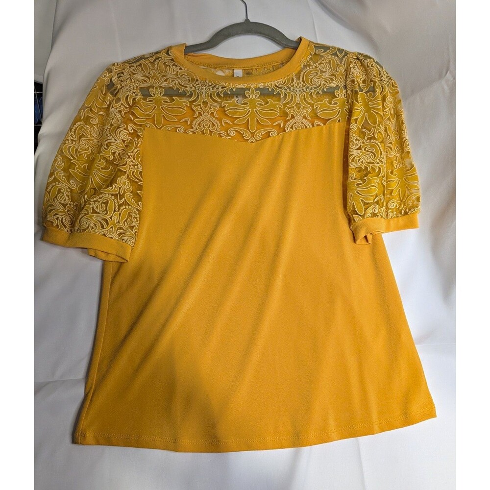 My Collection Yellow Paisley Mesh Sheer Yoke Round Neck Short Sleeve Top M